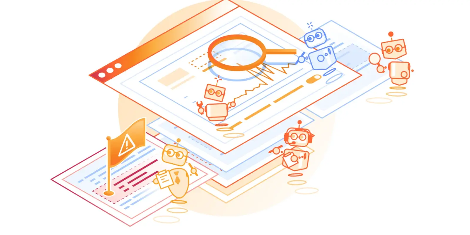 Ilustrație izometrică: roboți adunați în jurul unei pagini web inspectate cu lupa, iar o pagină alăturată e marcată cu un steag de avertizare