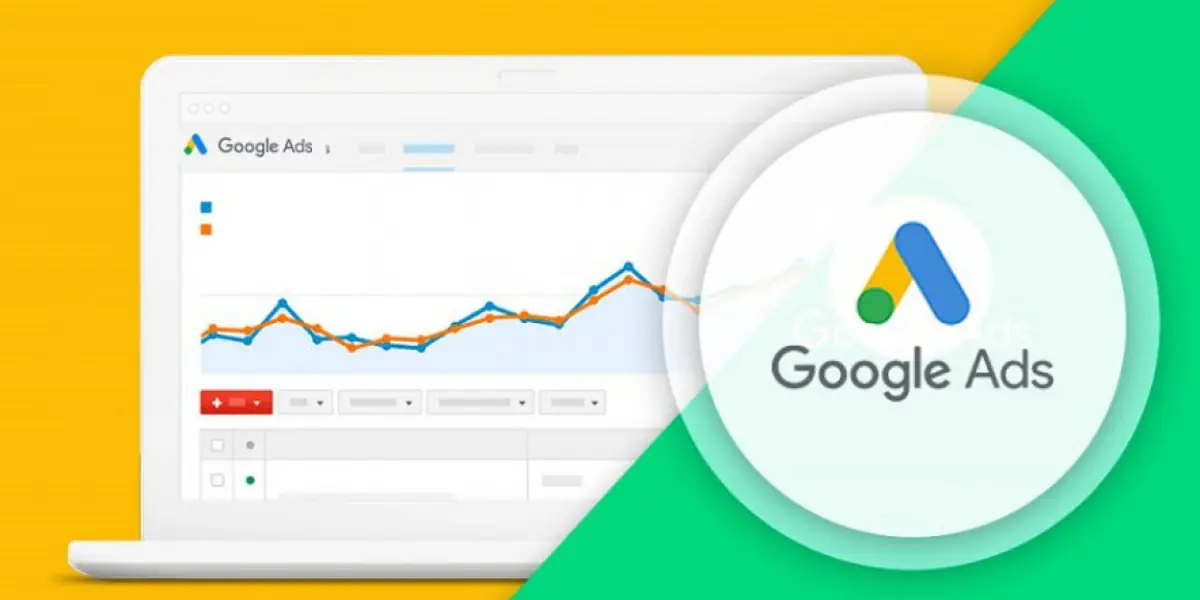 Illustration of a white laptop seen at three quarters on a yellow and green background split diagonally, the screen showing a Google Ads panel with a rising two-line chart, a table of grey rows and a red button below it, and the Google Ads logo in a pale circle on the right