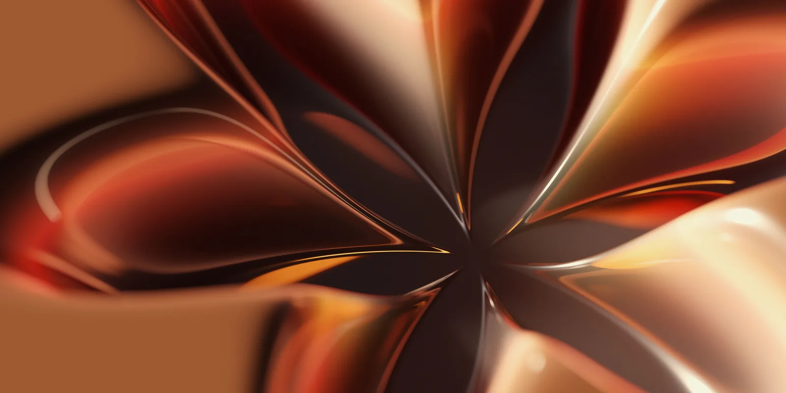 Randare 3D abstractă: petale metalice cupru și crem, cu reflexii lungi, fără niciun obiect recognoscibil.