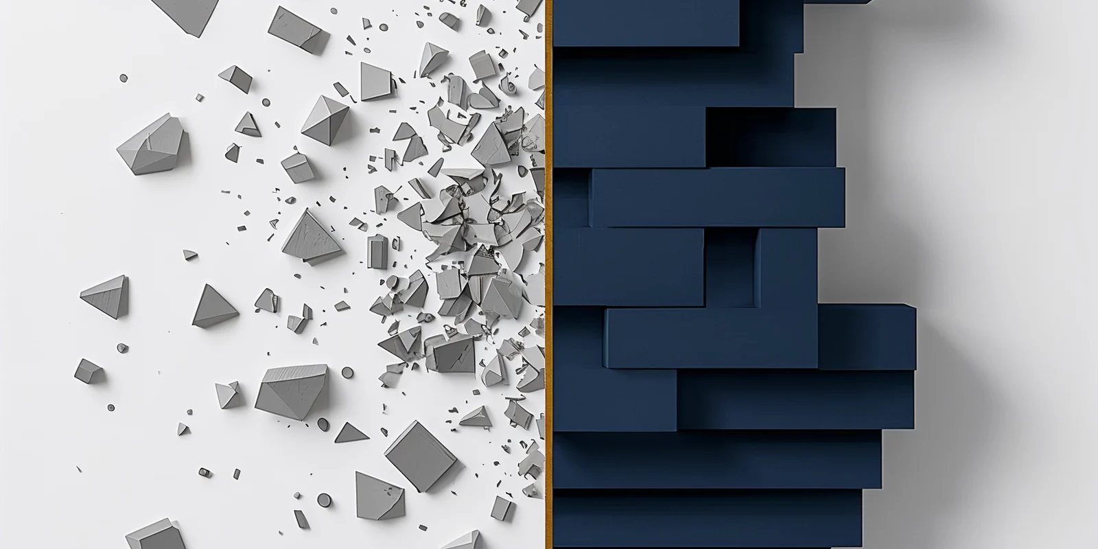 Illustrazione editoriale Cittago: una linea dorata divide l&rsquo;immagine, frammenti sparsi da un lato e un blocco blu notte compatto dall&rsquo;altro