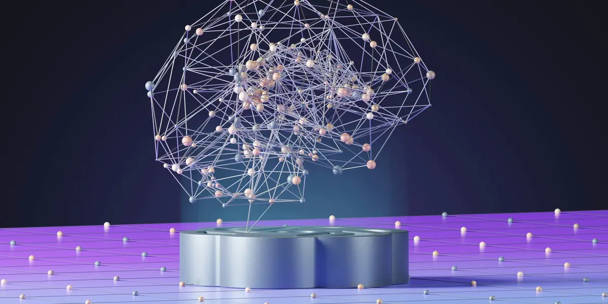 Reprezentare 3D a unei rețele neuronale, sugerând modelul statistic pe care îl folosește un detector de conținut AI