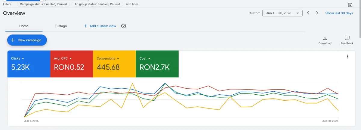 Panoul Google Ads al contului administrat din România, iunie 2026: 5,23 mii de clickuri, cost mediu pe clic 0,52 lei, 445,68 conversii și 2,7 mii lei cheltuiți, cu graficul zilnic al lunii dedesubt