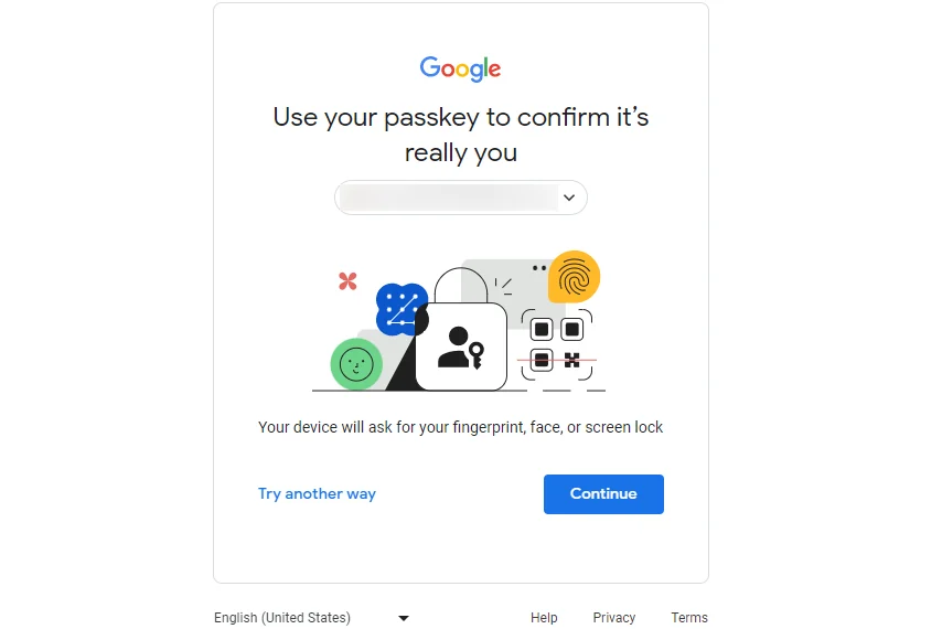 Ecranul Google „Use your passkey to confirm it's really you”, cu un selector de cont, ilustrația cu amprentă și chip, textul „Your device will ask for your fingerprint, face, or screen lock” și butoanele „Try another way” și „Continue”