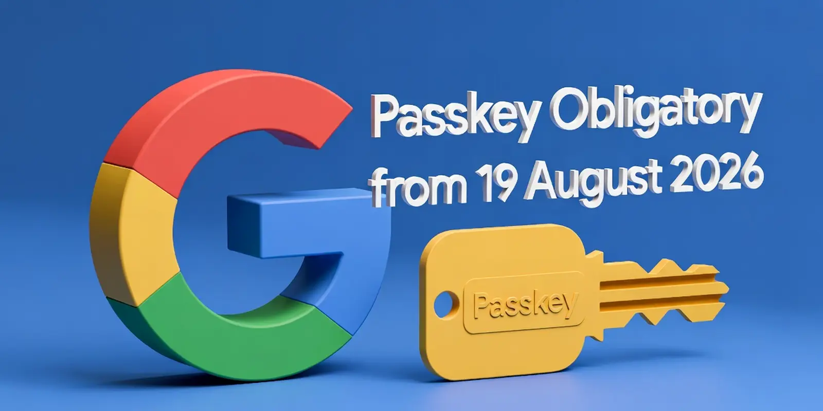 A three-dimensional Google logo on a blue background next to a golden key embossed with the word Passkey, with the caption „Passkey Obligatory from 19 August 2026”
