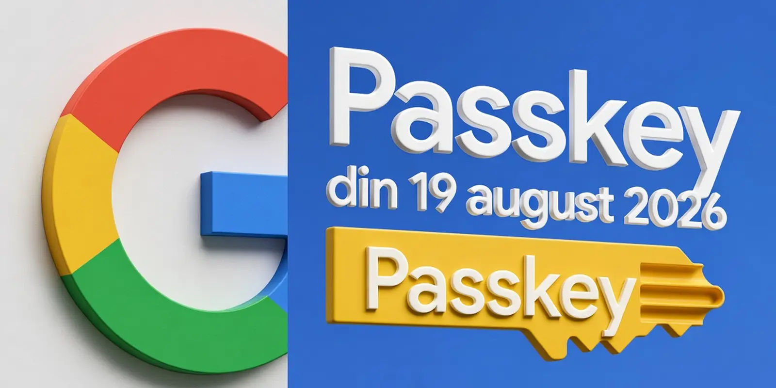 Logo-ul Google în relief, alături de textul „Passkey din 19 august 2026” și de o cheie aurie pe care scrie Passkey