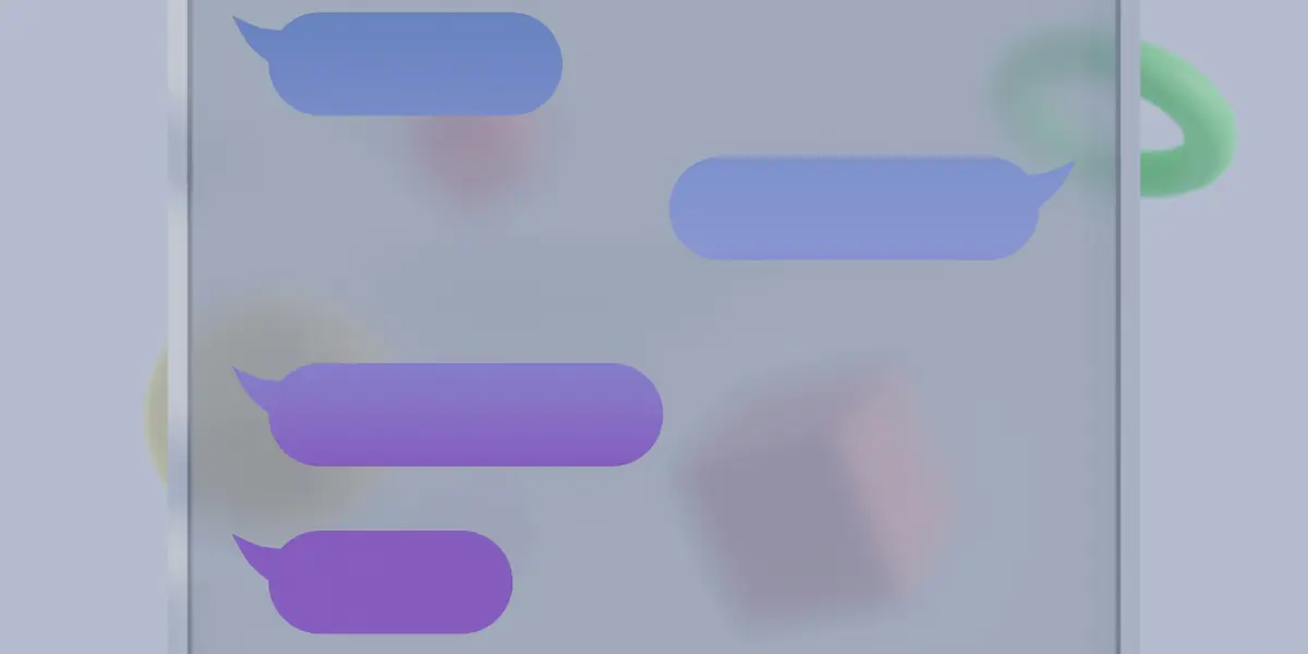 Abstract image seen through frosted glass: four overlapping speech bubbles, two blue and two purple, completely empty with no text in them