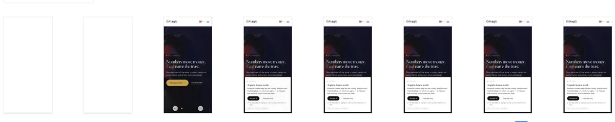 Eight-frame filmstrip of the mobile load of cittago.com taken from the PageSpeed Insights report of 7 August 2026: the first two frames are blank white screens, from the third onward the page appears with the headline Numbers move money, Craft earns the trust and the cookie banner with the Accept all and Essential only buttons