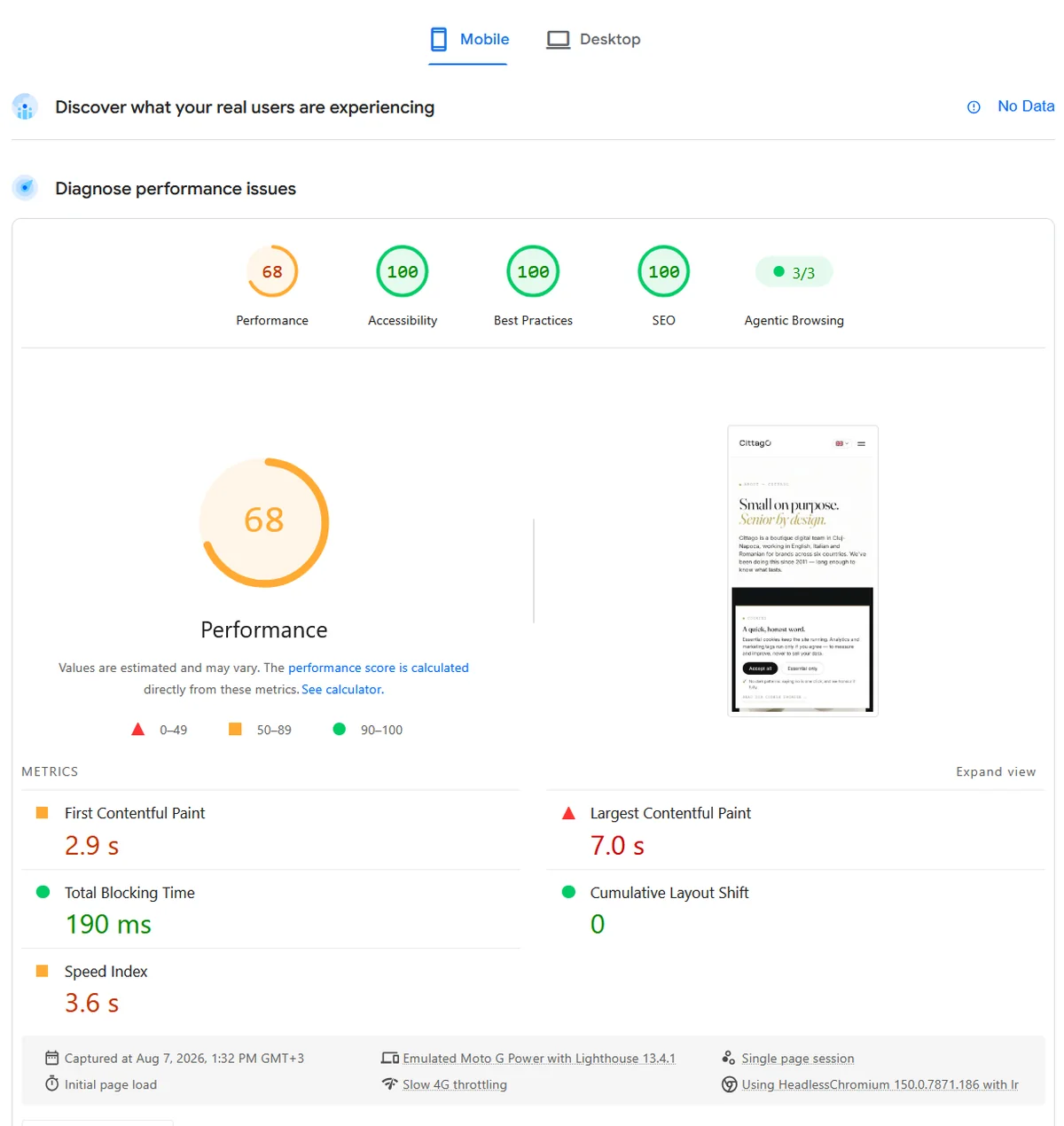 PageSpeed Insights report for cittago.com in mobile mode, 7 August 2026 at 13:32: performance 68, accessibility 100, best practices 100, SEO 100, agentic browsing 3 of 3; First Contentful Paint 2.9 s, Largest Contentful Paint 7.0 s, Total Blocking Time 190 ms, Cumulative Layout Shift 0, Speed Index 3.6 s; the real-user data row at the top reads No Data; the footer reads Emulated Moto G Power with Lighthouse 13.4.1 and Slow 4G throttling