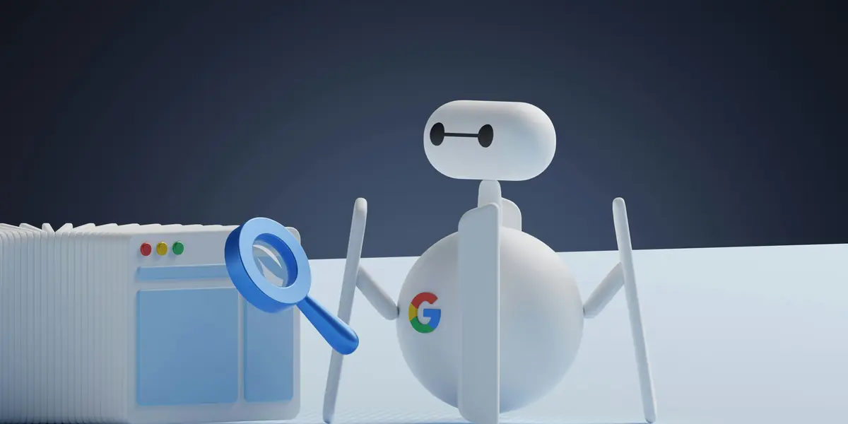 Robot tridimensionale bianco con la G di Google a quattro colori sul corpo, che tiene una lente d'ingrandimento azzurra davanti a una finestra di browser stilizzata