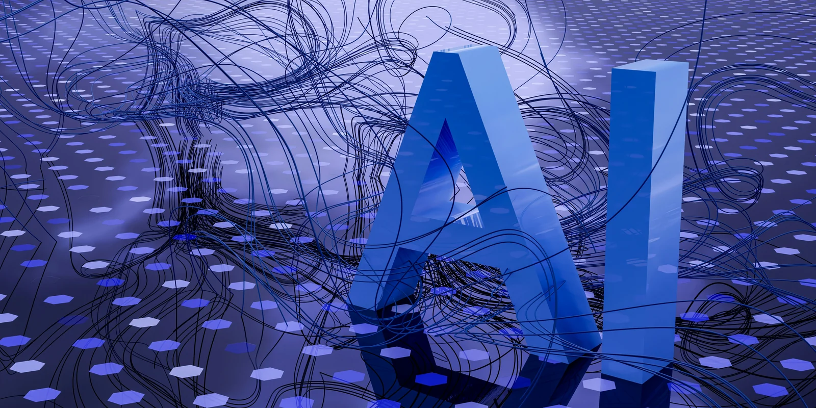 Three-dimensional letters spelling AI on a mesh of tangled cables and scattered nodes