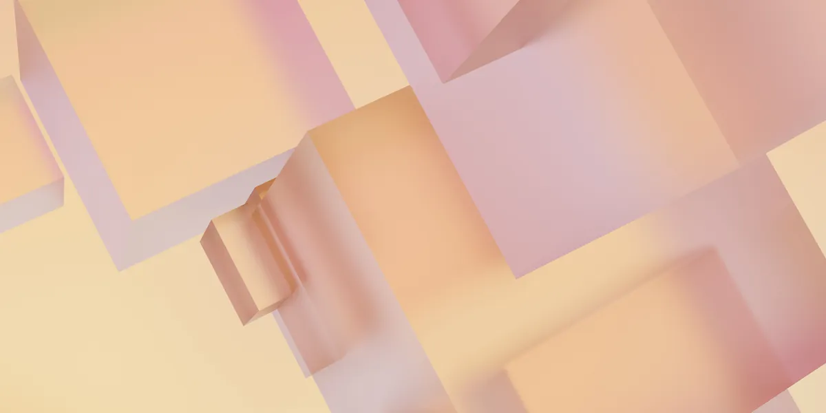 Three-dimensional geometric shapes in warm pastel tones, overlapping on a light background, like an abstract diagram of stacked layers
