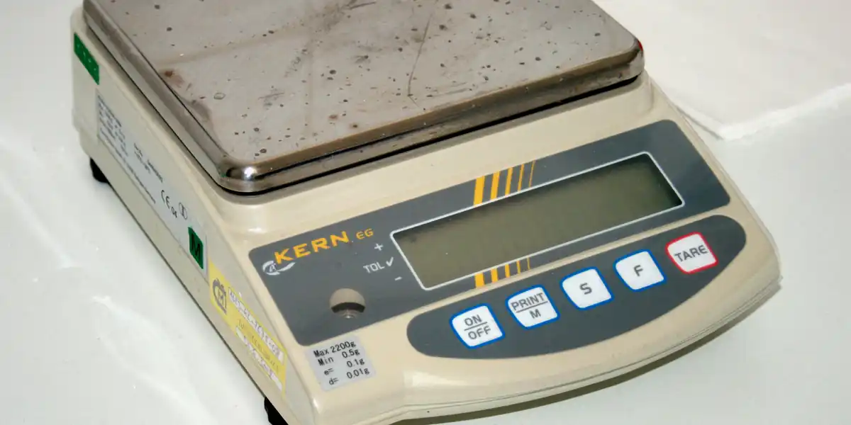Balanță electronică de laborator cu platan de oțel zgâriat, afișaj cu cristale lichide stins și un rând de taste albastre etichetate ON OFF, PRINT, S, F și TARE în roșu