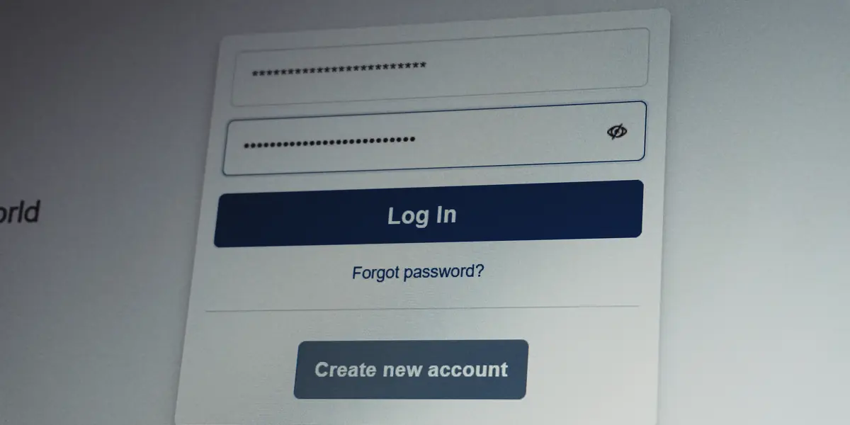 Close-up of a login form on screen: two fields filled with characters masked by asterisks and dots, a blue Log In button, a Forgot password link and a Create new account button