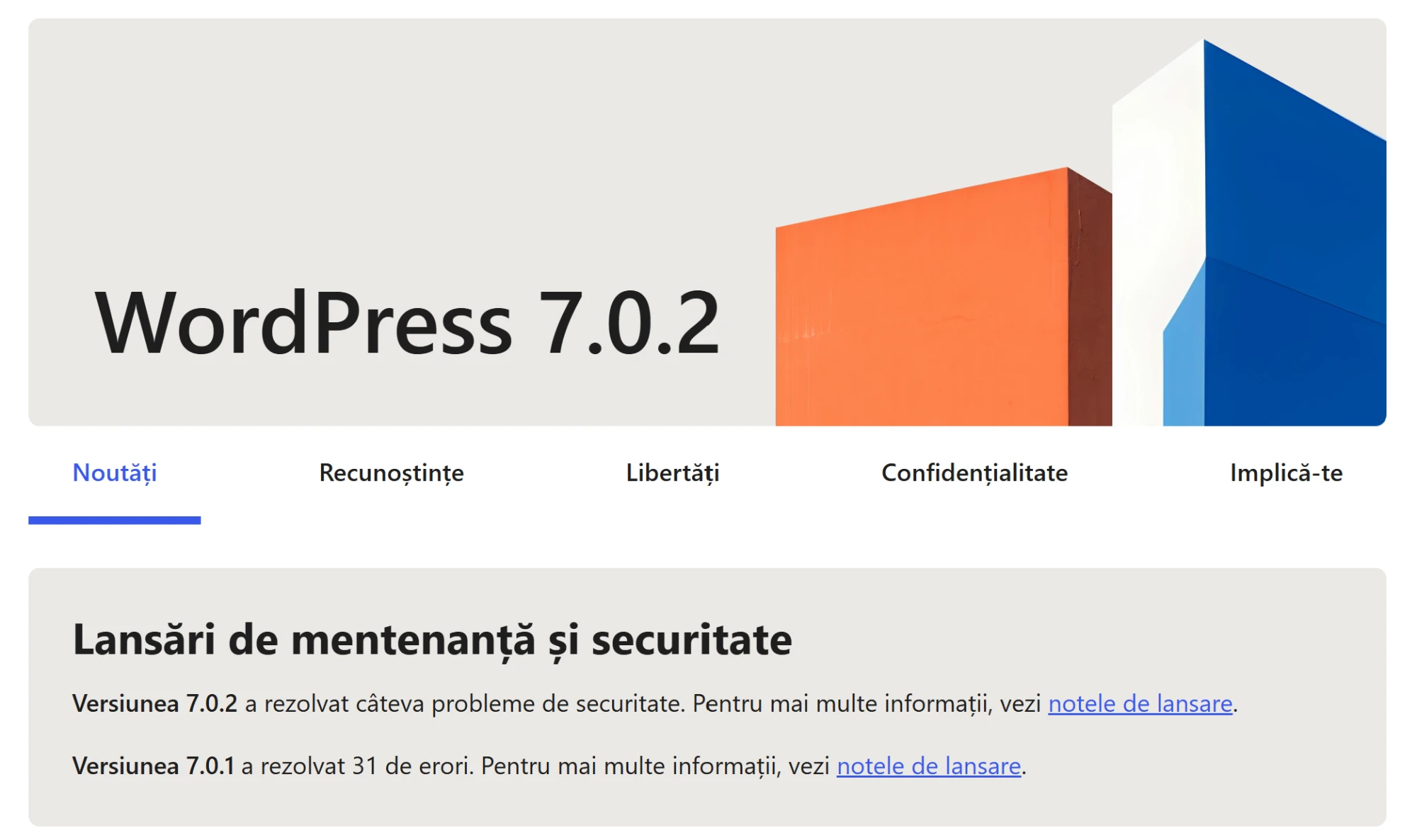 La schermata &laquo;Informazioni&raquo; di WordPress 7.0.2, la sezione &laquo;Versioni di manutenzione e sicurezza&raquo;