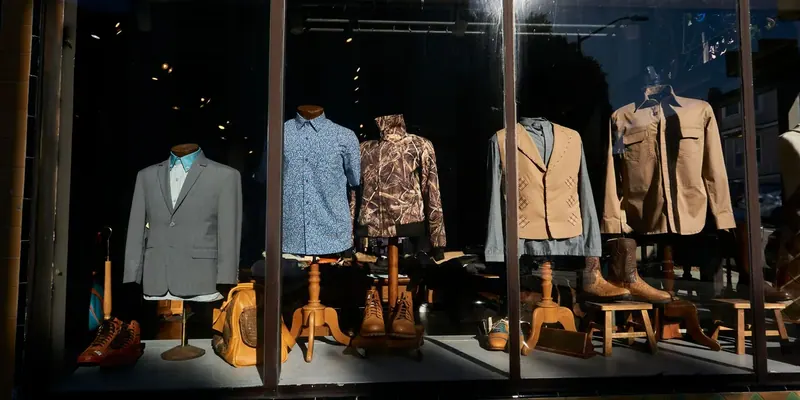 A clothing shop window in the evening, with mannequins in jackets and shirts lit from inside