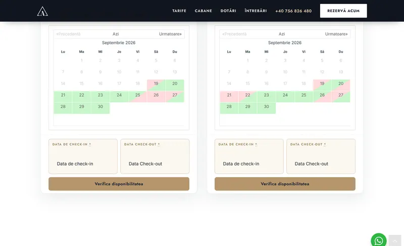 The rebuilt availability calendars — both cabins side by side, so a booked cabin no longer hides the free one