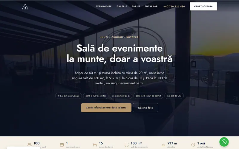 The events landing page hero — the glass-walled terrace at dusk, with capacity facts beneath the headline