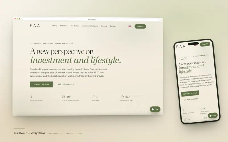The Ela Home website, on desktop and on a phone