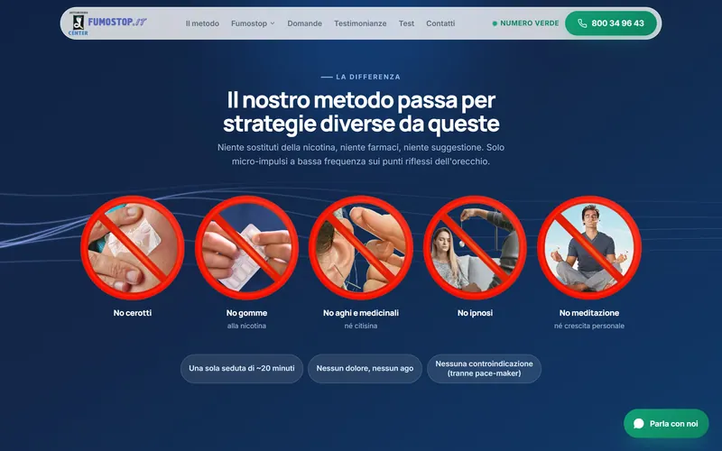 The method page on the rebuilt fumostop.it, explaining the twenty-minute session step by step