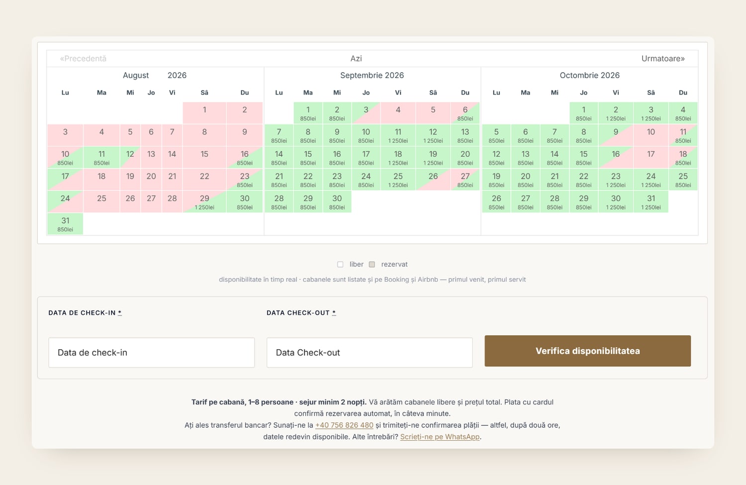 Il calendario prezzi dal vivo sulla landing page di Apuseni
