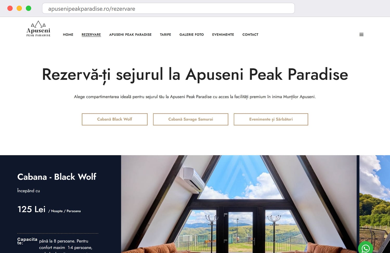 La pagina di prenotazione su apusenipeakparadise.ro