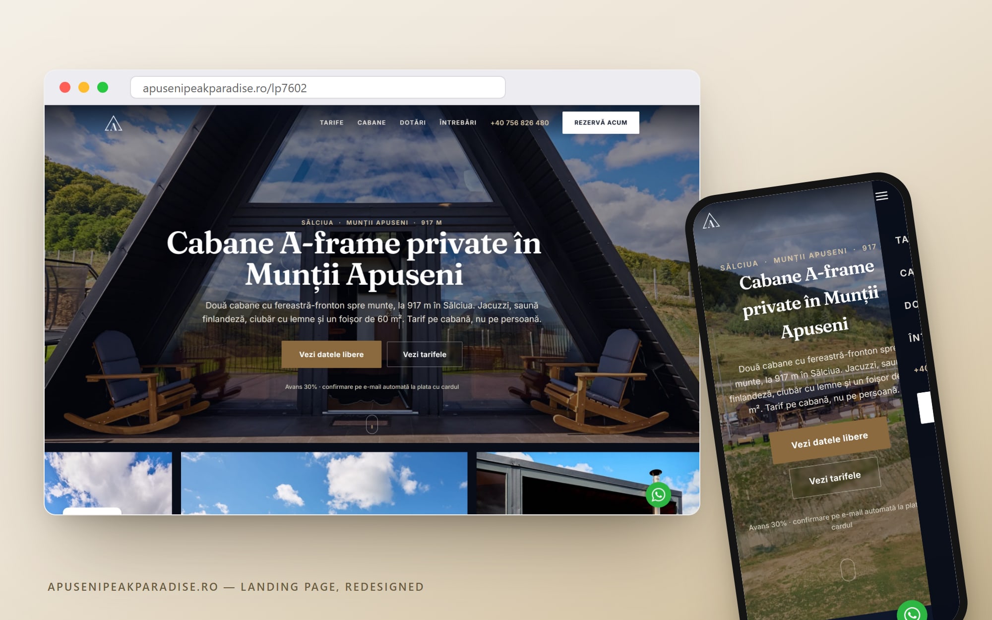 apusenipeakparadise.ro/lp7602 — la landing page ridisegnata da Cittago, su desktop e mobile