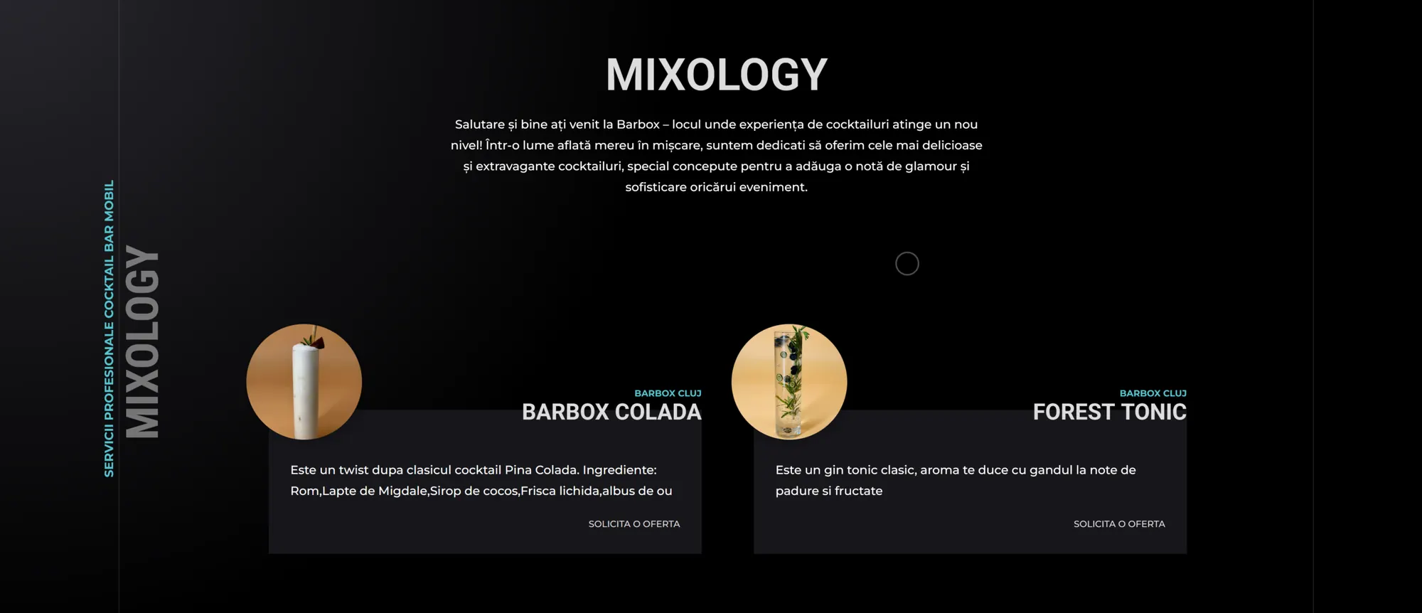 The BarBox signature menu — BarBox Colada and Forest Tonic — set on brand