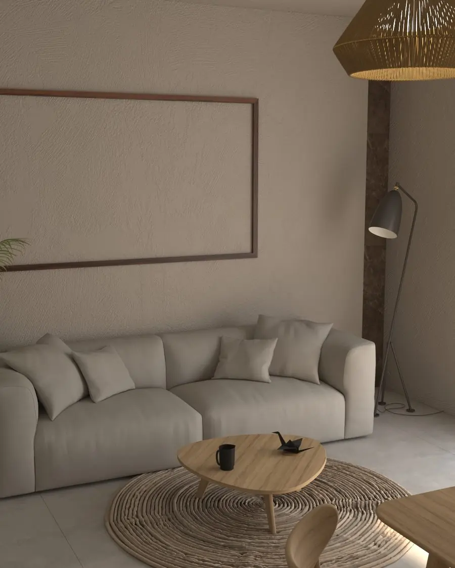 Interiorul uneia dintre vile — living open-space și curtea dincolo de vitrine