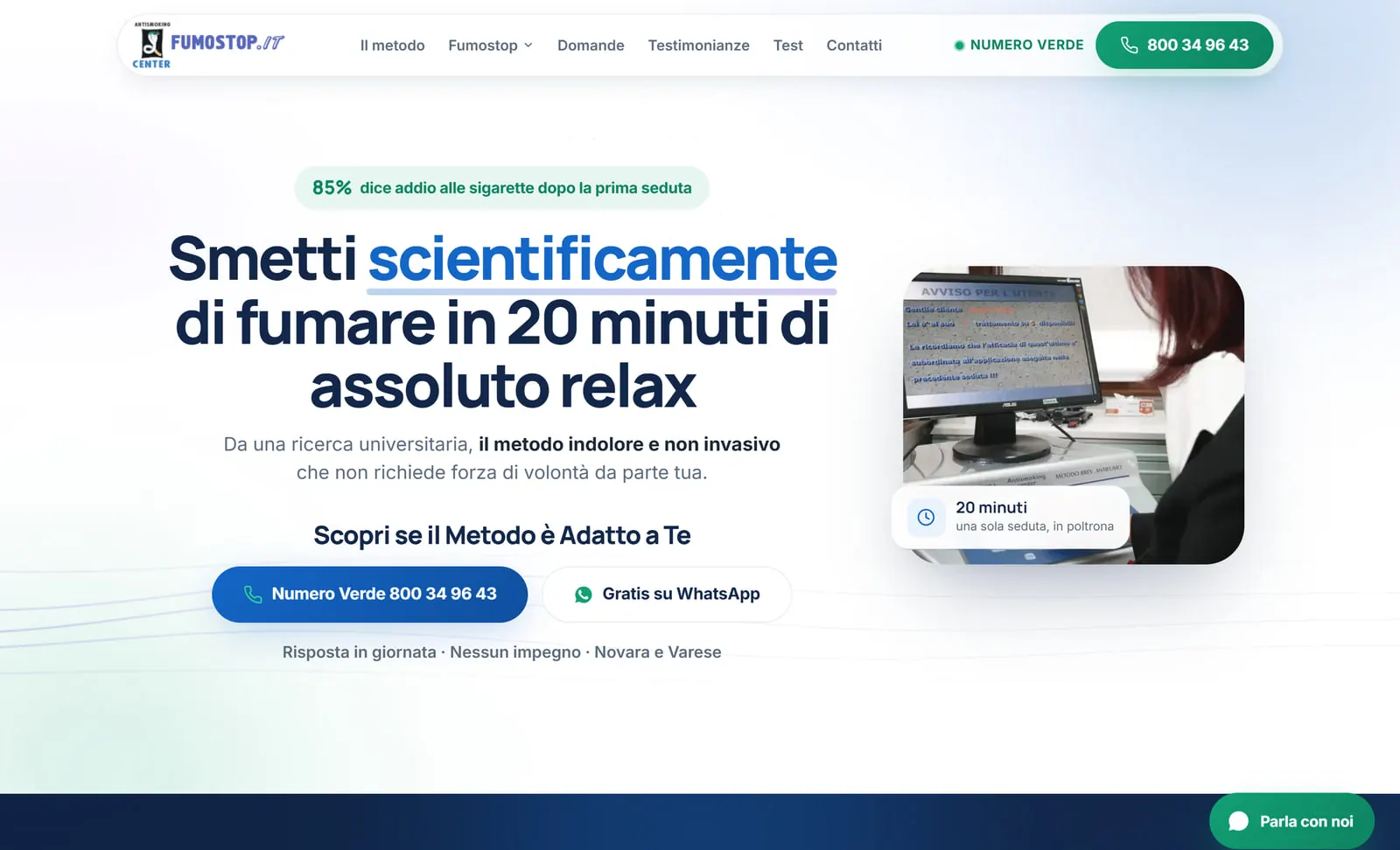 La homepage ricostruita — il meccanismo nel titolo, una fotografia scattata nel centro reale, il Numero Verde e WhatsApp affiancati