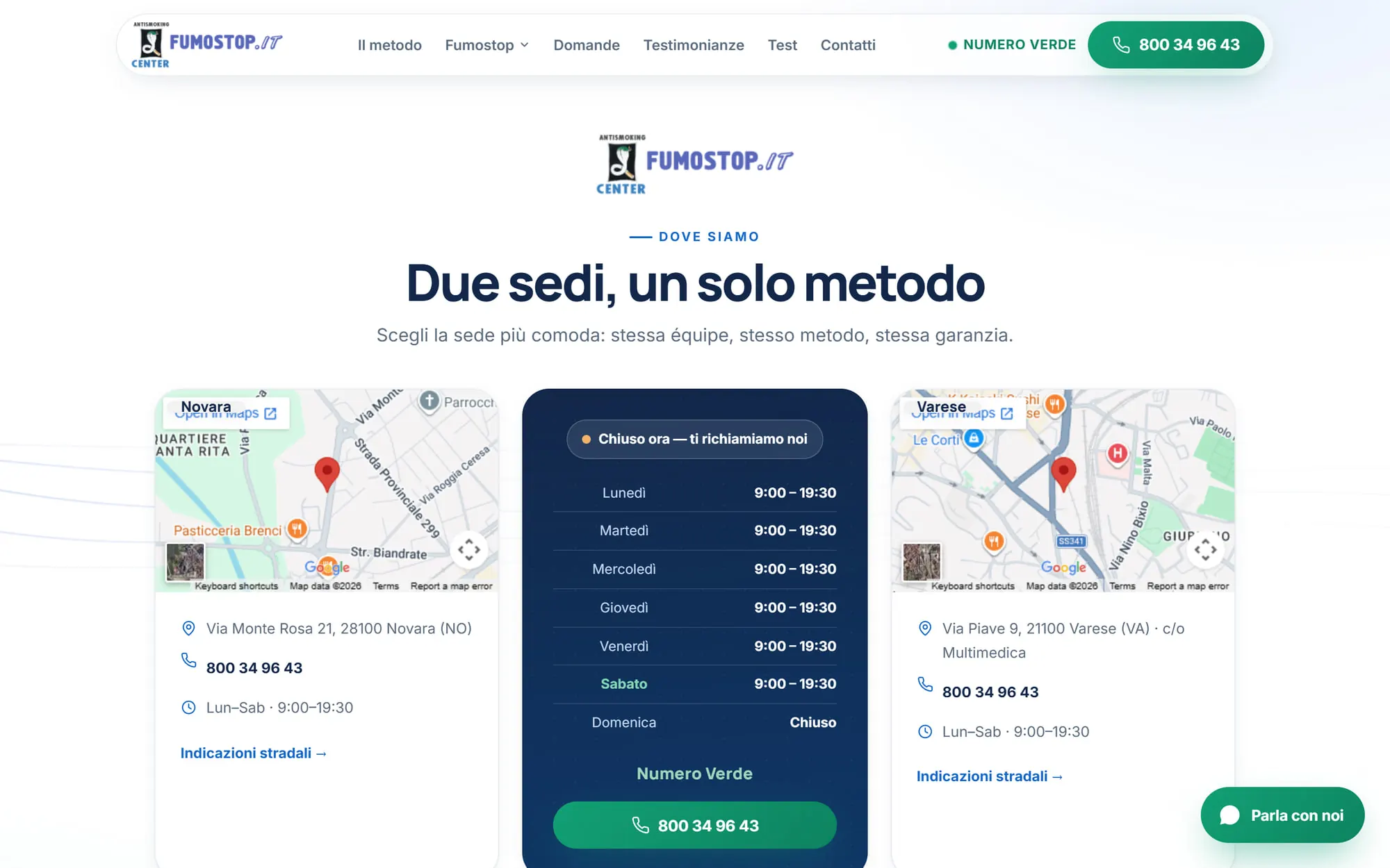 La pagina dei contatti su fumostop.it ricostruito, con un breve modulo di richiesta in italiano