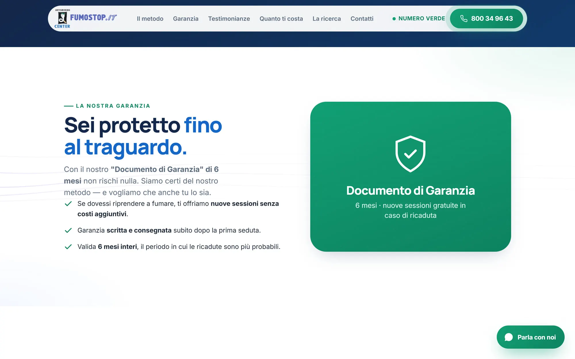 Una sezione della landing page Fumostop per gli annunci, con la garanzia e le prove disposte per il traffico a pagamento