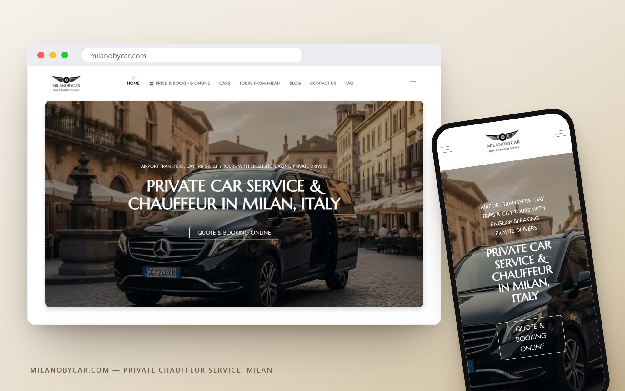 milanobycar.com — the Milan chauffeur platform Cittago advises on, shown on desktop and mobile