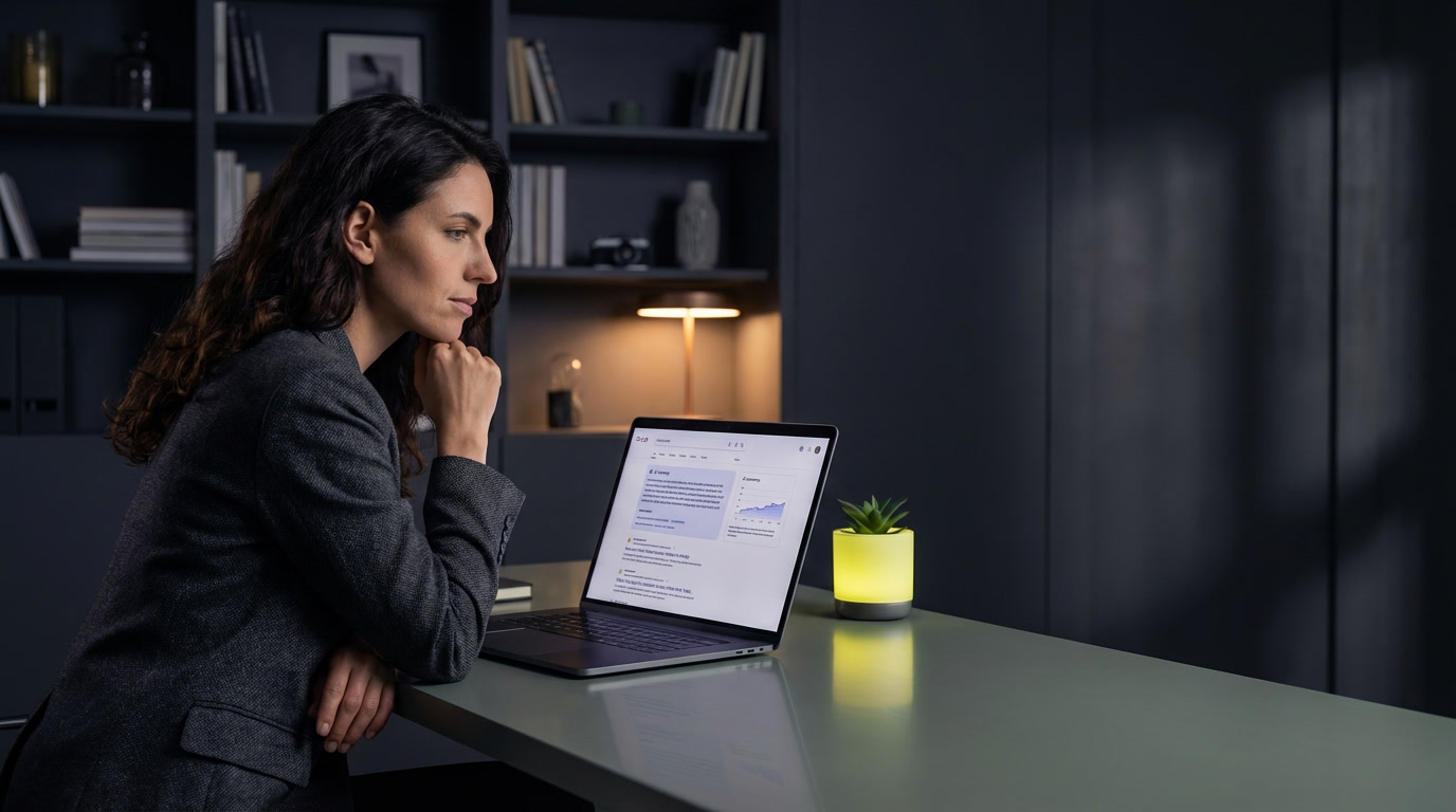 European digital marketing professional analysing SEO and AI search results — Cittago guide to SEO in the AI search era 2026